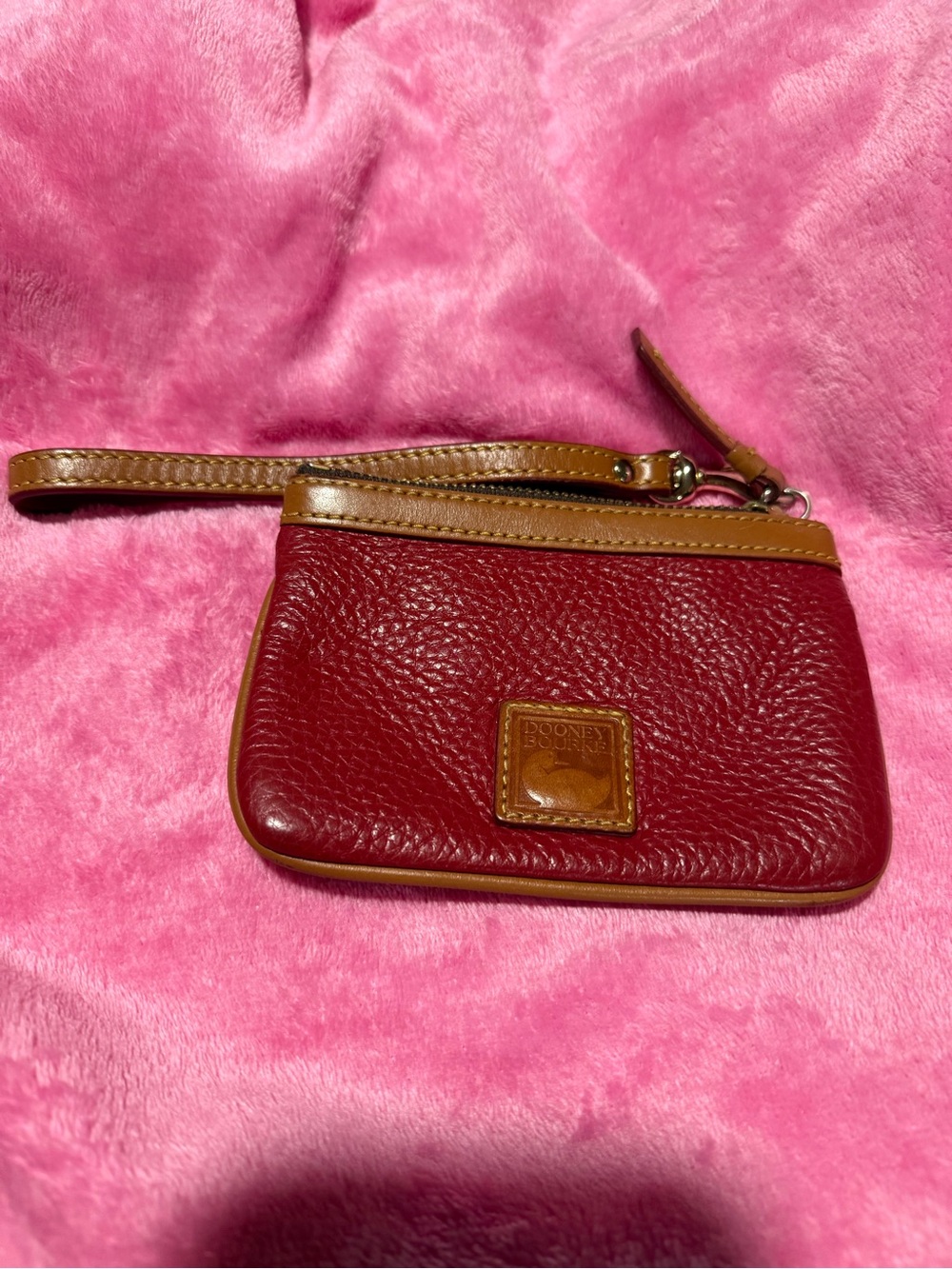 Dooney & Bourke Burgundy Pebbled Leather Wristlet with Tan Trim